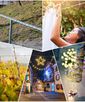 Collage of railing, woman hanging laundry, vineyard, decorated street, and wire-wrapped tree showcasing diverse uses.