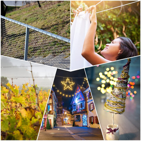 Collage of railing, woman hanging laundry, vineyard, decorated street, and wire-wrapped tree showcasing diverse uses.