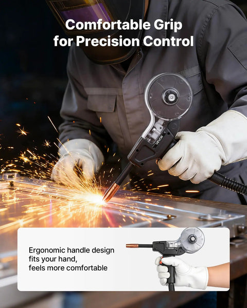 Person using 130 Amp Spool Gun With 10 Ft Cable Replacement for Lincoln Magnum 100SG for welding, ergonomic handle shown.