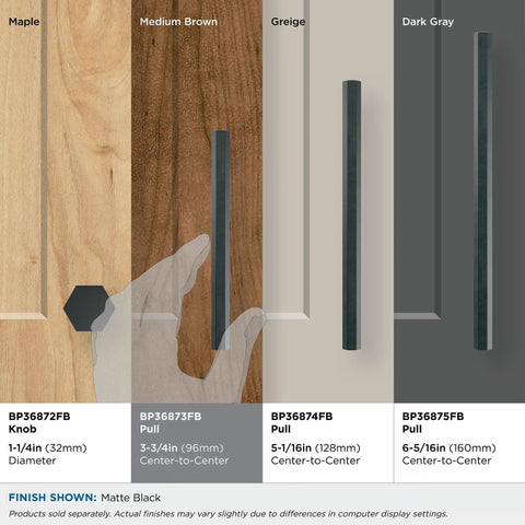 Comparison of cabinet pulls in matte black finish with different sizes and shades on various wood backgrounds