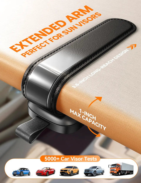 Magnetic Premium Leather Sunglass Holder For Car Visor With Quick Snap Tether One Hand Eye Glasses Drop Organizer on sun visor.