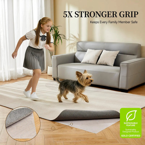 Girl and dog on rug displaying Rug Pad Gripper 5X Non Slip Power Grip For Area Rugs On Hardwood Floors And Carpets, 2x8 ft.