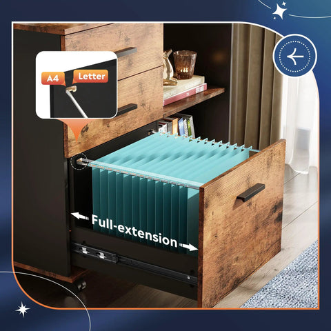 Three Drawer Mobile File Cabinet With Open Shelves, Wood Lateral Filing Cabinet And Printer Stand For Home Office, open drawer view.