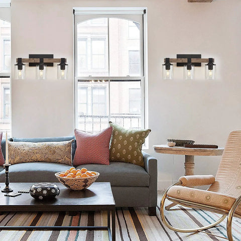 4-Light Industrial Farmhouse Vanity Lights With Rustic Wood And Clear Glass, Modern Metal Wall Sconce in a cozy living room setting