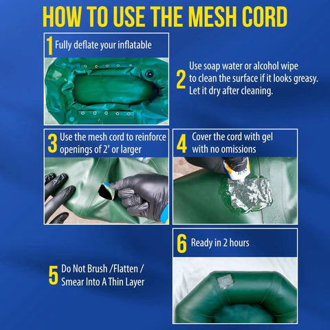 Instructions for using mesh cord in Heavy Duty PVC Inflatable Patch Kit With Sealer And Cord for Boats Rafts SUPs and Pools.