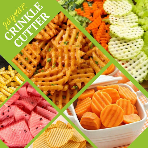 JAYVAR Crinkle Cutter, stainless steel kitchen tool for crinkle-cut potatoes; fries and veggie slices collage