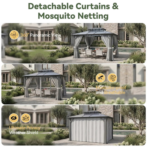 Hardtop Outdoor Gazebo 10x12 With Double Polycarbonate Roof, All Weather Permanent Pavilion in Aluminum Frame, Curtains and Netting