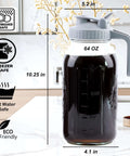 64 oz glass pitcher with handle, lid, and measurement markings, shown on kitchen counter. Dishwasher, freezer, hot water safe features visible.