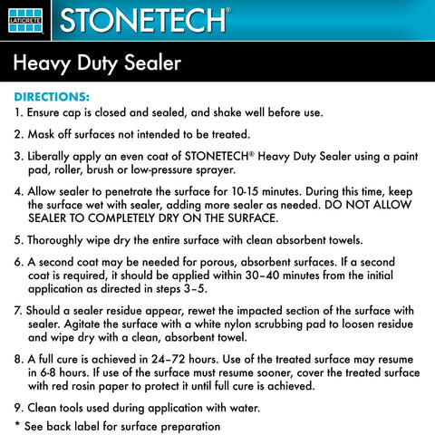 Instructions and label for Heavy Duty Stone Sealer For Interior And Exterior Use, 1 Quart Water Based Sealer, Breathable And Penetrating.