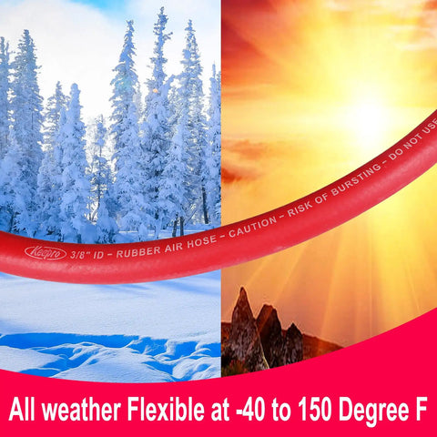 Heavy Duty Red Rubber Air Compressor Hose 3/8 Inch Inner Diameter Six Feet Long With Seamless Aluminum Quick Coupler And Plug Built Like A Tank For 300 Psi No Kink Job Site Beast in weather conditions from freezing to hot.