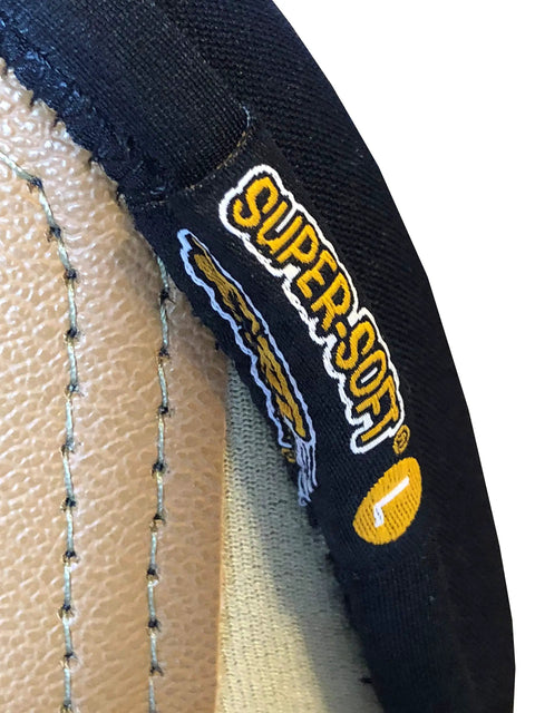 Close-up of Leatherhead Kneepads With Ultra Soft Cushioning For Knee Fatigue Reduction showing Super Soft label on neoprene strap.