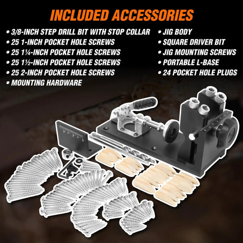 Pocket Hole Jig Kit For Woodworking With Metal Body, Step Drill Bit, Self Tapping Screws, L Base, and Accessories Displayed