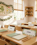 48 Pcs Tented Desk Nameplates Set For Students, 9 By 3 Inch Eucalyptus Style Reusable Name Tags displayed in classroom