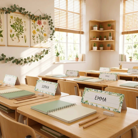 48 Pcs Tented Desk Nameplates Set For Students, 9 By 3 Inch Eucalyptus Style Reusable Name Tags displayed in classroom