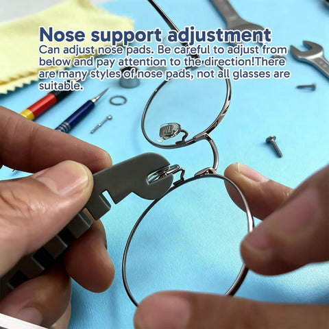 Adjusting eyeglass nose pads with Glasses Tightening Kit With 2 Pcs And 20 Ultra Soft Nose Pads, tools visible on blue surface.