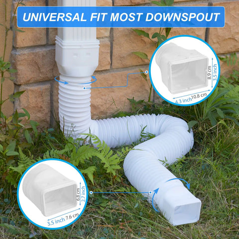 Flexible Downspout Extensions for Outdoor Gutter Systems, 2 Pack Rain Drain Extenders shown in white on a brick foundation