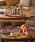Hawaiian Vacation Beach House 3D Wooden Puzzle Kit With LED Light For Adults, 187 Pieces DIY Model Building Kit on wooden table