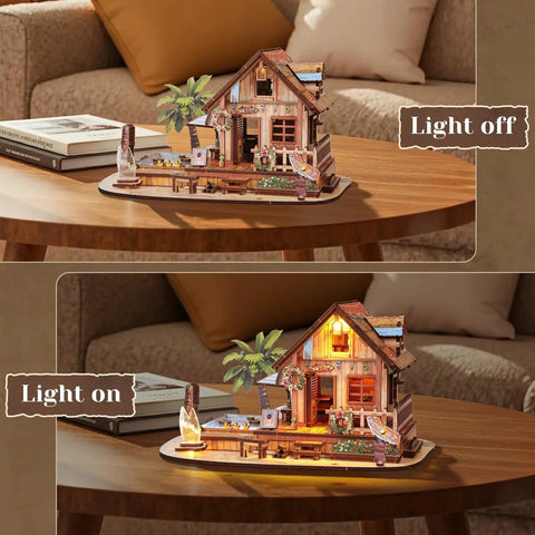 Hawaiian Vacation Beach House 3D Wooden Puzzle Kit With LED Light For Adults, 187 Pieces DIY Model Building Kit on wooden table