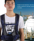 Heavy Duty Vortex Cooling Vest With Compressed Air Ventilation For Welding Sites, navy blue mesh material, worn by a model.