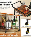 Top Shelf 3 Tier Rolling Bar Cart With Secure Wine Rack And Hassle Free Lockable Wheels, Rustic Brown utility drink serving shelf with side handle.