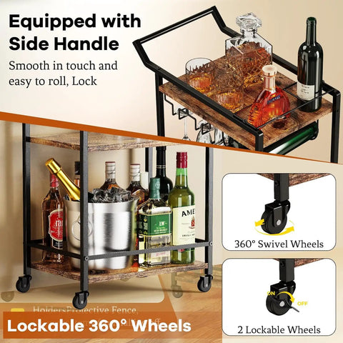 Top Shelf 3 Tier Rolling Bar Cart With Secure Wine Rack And Hassle Free Lockable Wheels, Rustic Brown utility drink serving shelf with side handle.