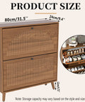 Slim Walnut Wood No-Fuss Shoe Storage Cabinet With Two Flip Drawers For Entryway showing dimensions and inner shoe arrangement