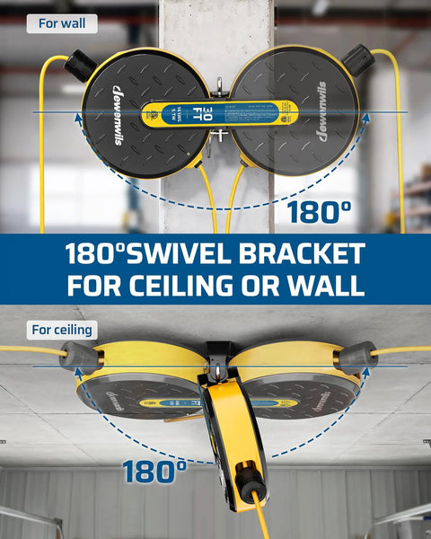 Retractable Extension Cord Reel With Ceiling And Wall Mount 30 Feet Of 14 Gauge Power Cord Auto Retracting System Locking Stopper Tangle Free Design DIY Friendly Cable Management For Workshop Garage And Home Projects, 180° swivel mount