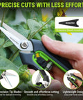 Two Piece Garden Pruning Set Featuring An 8.5 Inch Bypass Pruning Shear And 6.25 Inch Precision Snip, shown in use on green plant