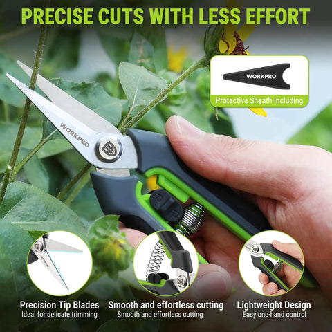 Two Piece Garden Pruning Set Featuring An 8.5 Inch Bypass Pruning Shear And 6.25 Inch Precision Snip, shown in use on green plant