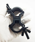 Two Pack 1 To 1.18 Inch Truss Dual Swivel Coupler Clamps For Stage DJ Lighting, Heavy Duty Aluminum 6061, 360 Degree Rotation, Wraparound Design, Fits 25 To 30mm Truss Tubing, Max Load 110lbs, TUV Certified, black clamp held in hand