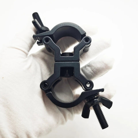 Two Pack 1 To 1.18 Inch Truss Dual Swivel Coupler Clamps For Stage DJ Lighting, Heavy Duty Aluminum 6061, 360 Degree Rotation, Wraparound Design, Fits 25 To 30mm Truss Tubing, Max Load 110lbs, TUV Certified, black clamp held in hand
