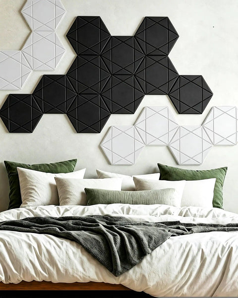 Kick The Echo To The Curb With Hexagon Acoustic Panels 12 Pack Self Adhesive Sound Proofing Foam Wall Tiles High Quality Polyester Fiber Noise Reduction Tiles For Room Treatment on a bedroom wall.