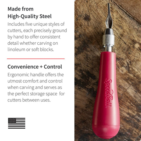 Linocut Cutter Kit 6 Pack With 5 Interchangeable Blades For Smooth Clean Cuts in Linoleum and Soft Blocks with red handle