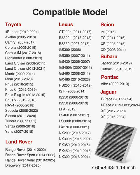 Compatibility list for Cabin Air Filter With Activated Carbon For Cars And SUVs Odor Busting And Fresh Breeze, with image of filter dimensions.