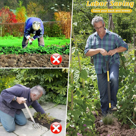 Stand Up Weed Puller Tool With Detachable 3-Claw Weeder, 39 Inch Ergonomic D-Handle, Heavy Duty Garden Hack For Dandelions And Thistles, No Bend Weeding, Easy To Use In Damp Soil, standing in garden