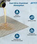 Heavy Duty Oil Absorbent Pads Suck Up Grease And Fuel Like A Champ, tear-resistant mats absorbing oil from a jug.
