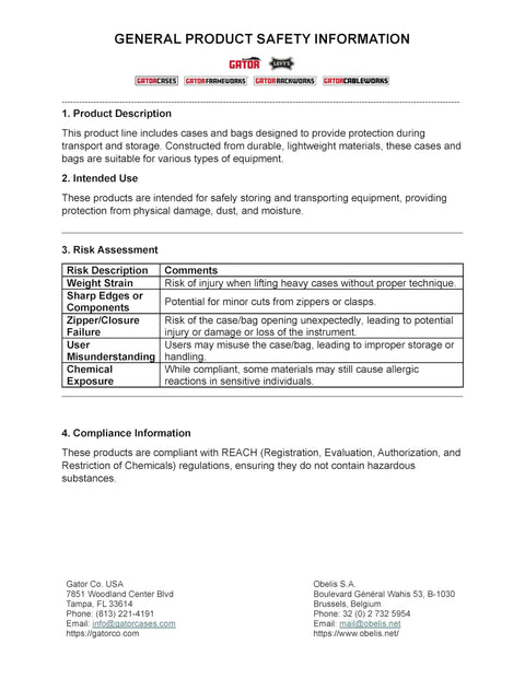 General product safety information sheet for cases and bags, detailing risk assessment and compliance for transport and storage.