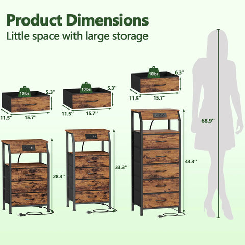Night Stand With Built In Charging Station And USB Ports, 28.3 Inch tall and 3 fabric drawers, product dimensions chart