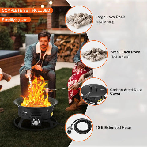 Propane Fire Pit 19 Inch Portable Outdoor Gas Fire Pit Includes Cover Lava Rocks, Adjustable Flame Height, 58,000 BTU shown with accessories