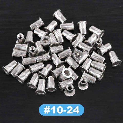 Premium 50 Piece 10-24 Unc 304 Stainless Steel Rivet Nuts Flat Head Threaded Inserts, detail view of nutserts.