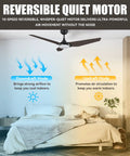 Bedroom with 52 Inch Smart Ceiling Fan With Light In Dark Walnut, 3 Blade Low Profile Ceiling Fan, 10 Speed DC Motor, airflow modes