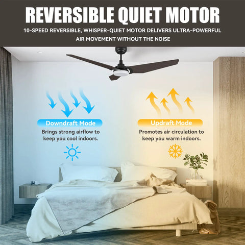 Bedroom with 52 Inch Smart Ceiling Fan With Light In Dark Walnut, 3 Blade Low Profile Ceiling Fan, 10 Speed DC Motor, airflow modes