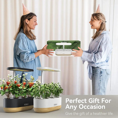 Women exchanging a 12 Pod Hydroponics Growing System For Indoor Herb Garden With Full Spectrum LED Grow Light gift.