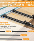 Precision Track Saw Parallel Guide System Featuring Micro Adjustable Flip Stop And Zero Calibration Fence For Exact 0.001 Inch Rip Cuts Smooth as Silk setup showing flexible lengths up to 47 inches.