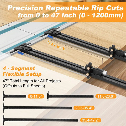 Precision Track Saw Parallel Guide System Featuring Micro Adjustable Flip Stop And Zero Calibration Fence For Exact 0.001 Inch Rip Cuts Smooth as Silk setup showing flexible lengths up to 47 inches.