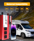 Tailgate Beast 1000W Peak Power Inverter Converts 12V DC To 110V AC with 3 outlets, 4 USB ports shown beside a camper.