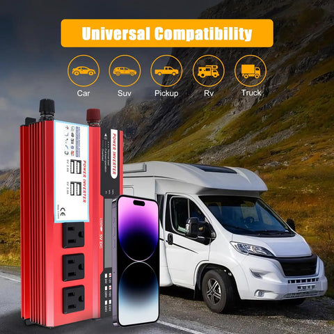 Tailgate Beast 1000W Peak Power Inverter Converts 12V DC To 110V AC with 3 outlets, 4 USB ports shown beside a camper.