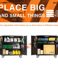 Heavy Duty Metal Rolling Storage Cabinet With Pegboard Locking Steel Cabinet On Wheels 35.4 Inch Tall 2 Doors And 2 Adjustable Shelves For Garage Shop Warehouse Home School, showcasing adjustable shelves with various stored items.