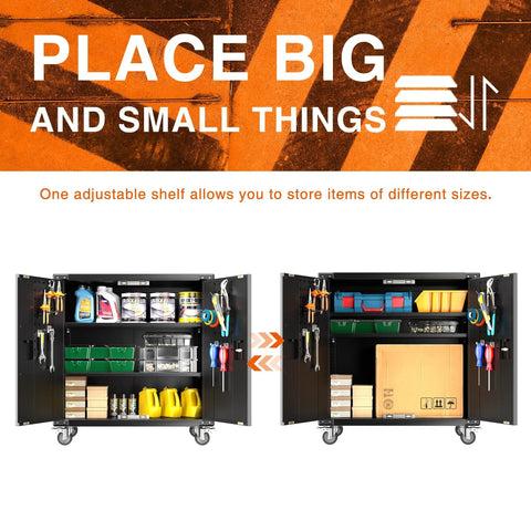 Heavy Duty Metal Rolling Storage Cabinet With Pegboard Locking Steel Cabinet On Wheels 35.4 Inch Tall 2 Doors And 2 Adjustable Shelves For Garage Shop Warehouse Home School, showcasing adjustable shelves with various stored items.
