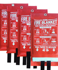 4-pack of 40x40 Inch Fire Blanket For Home And Kitchen Flexible Fiberglass Safety Blanket in red packaging.